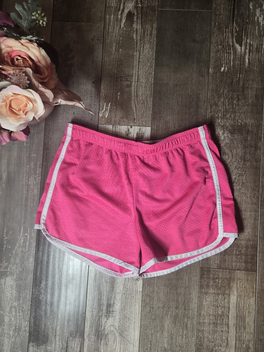 Justice Girls Pink Athletic Mesh Shorts with White Contrast Trim Size 16